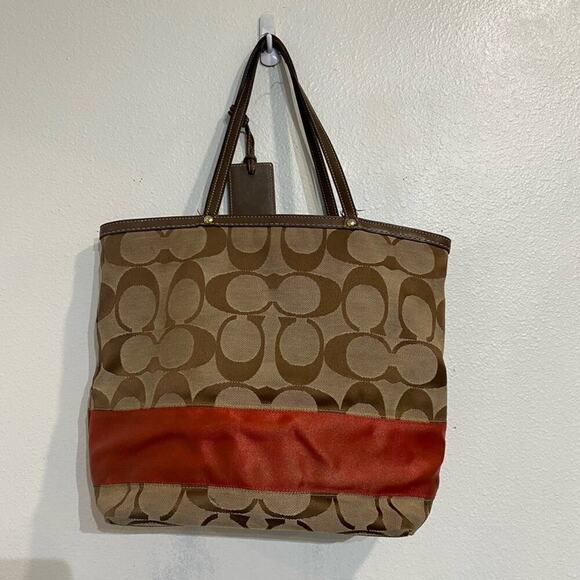 COACH Brown Signature Stripe Shoulder Tote Bag - Picture 1 of 15